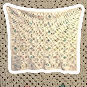 Homemade double stitched Ivory, Pink-Yellow-Blue-Green Crocheted Baby Blanket
